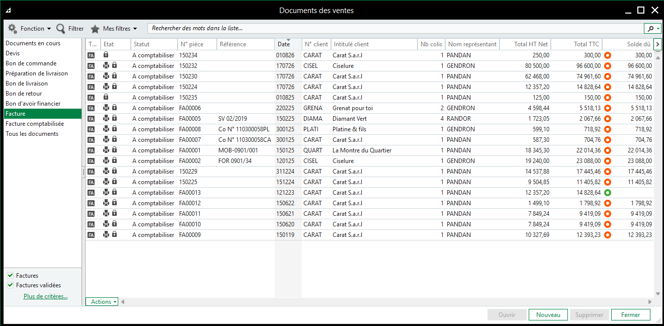 Liste des documents de vente dans Sage 100